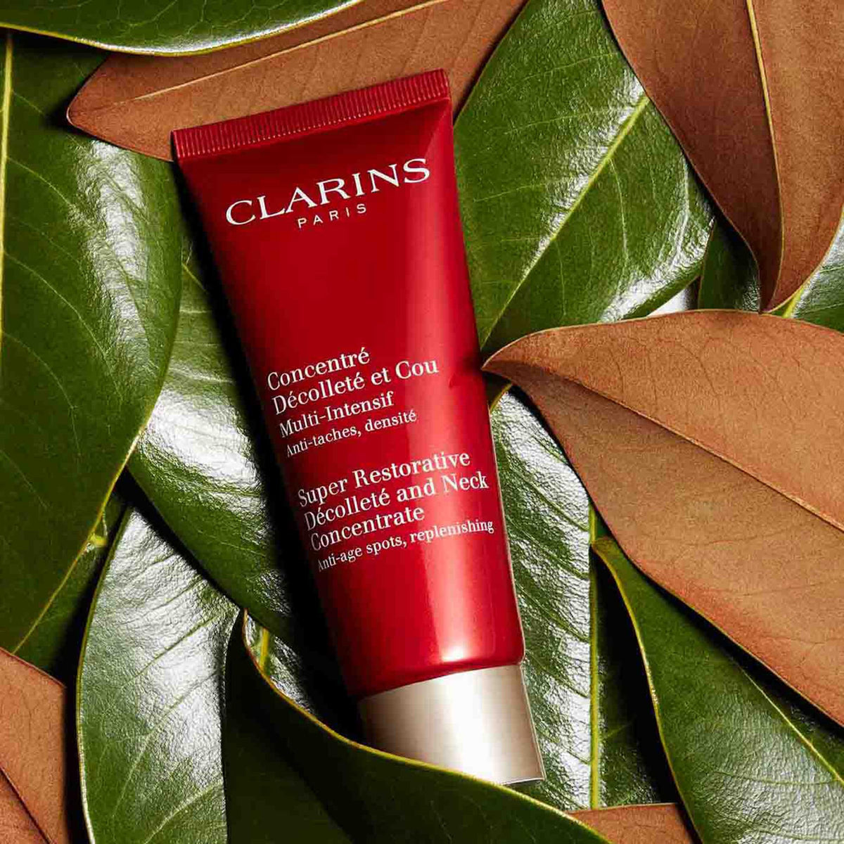 Clarins concentrate beside mirror, part of daily routine for mature skin.