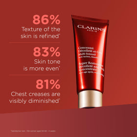 Clarins Super Restorative Decollete bottle close-up, cream texture indicating rich hydration for mature skin.