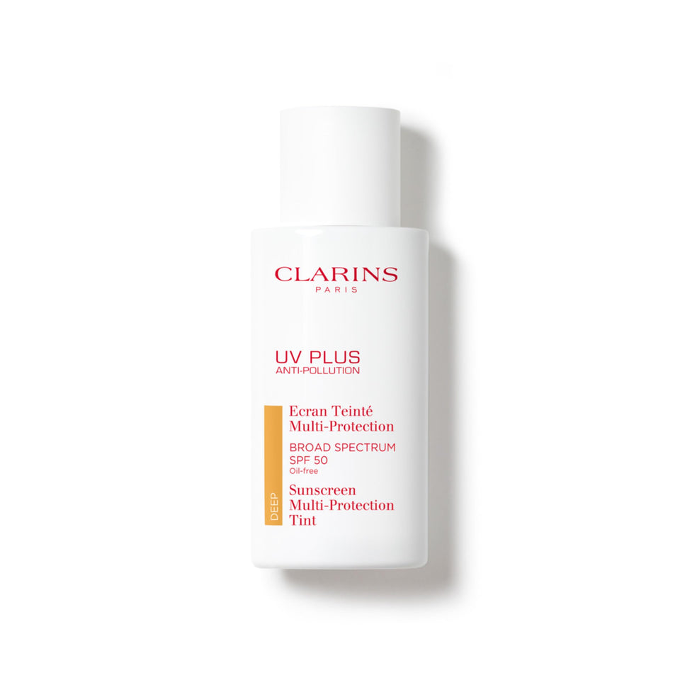 Clarins UV Plus SPF50 tinted sunscreen bottle showing sheer protection for daily use