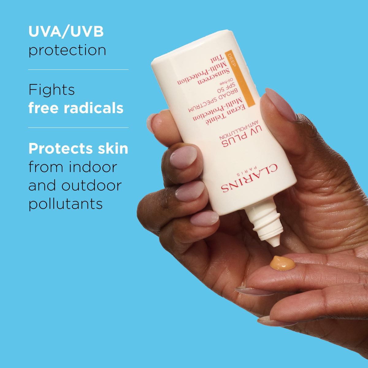 Texture swirl of Clarins UV Plus tinted sunscreen indicating lightweight application