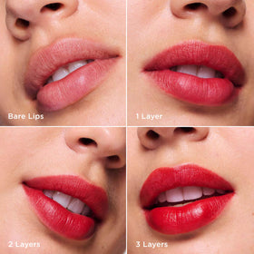 Clarins Water Lip Stain matte finish swatch illustrates subtle to bold pigment build.