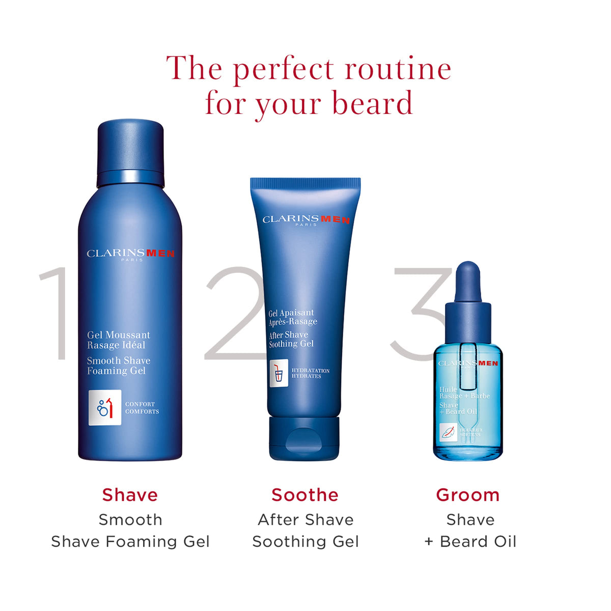 ClarinsMen Bearded man with refreshed beard after using soothing gel.
