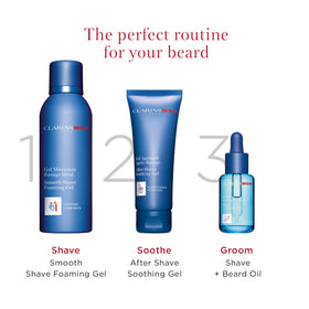ClarinsMen Bearded man with refreshed beard after using soothing gel.