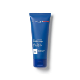 ClarinsMen After Shave Gel bottle on bathroom shelf delivering soothing hydration.