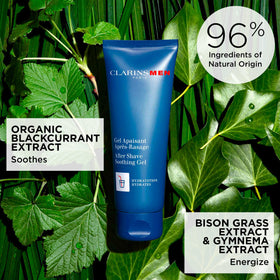 ClarinsMen After Shave Gel texture closeup highlights lightweight hydration.