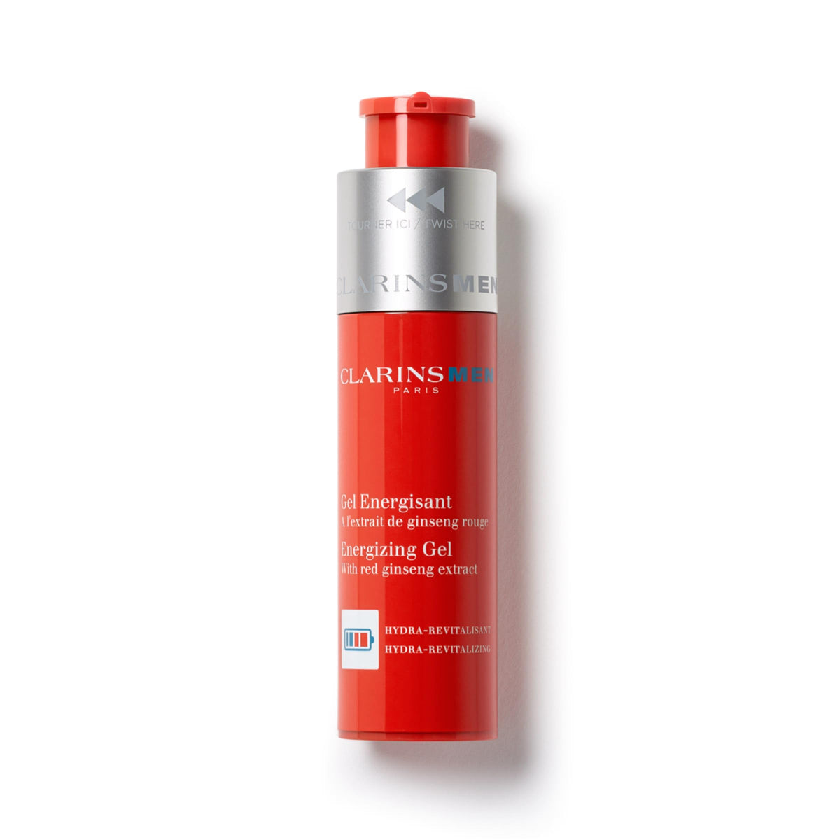 ClarinsMen Energizing Gel bottle offers cooling hydration with a non-sticky finish.