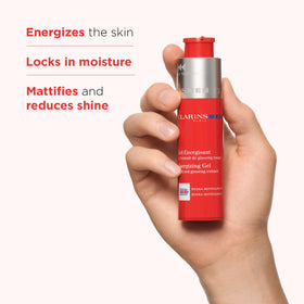 ClarinsMen Energizing Gel closeup texture shows a lightweight mattifying formula.