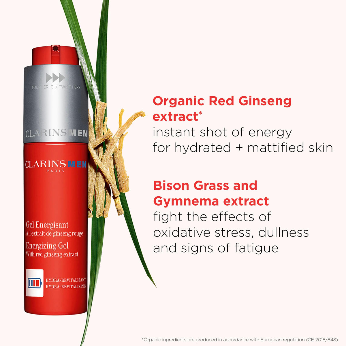 ClarinsMen Energizing Gel swatch demonstrates quick absorption and refreshing feel.