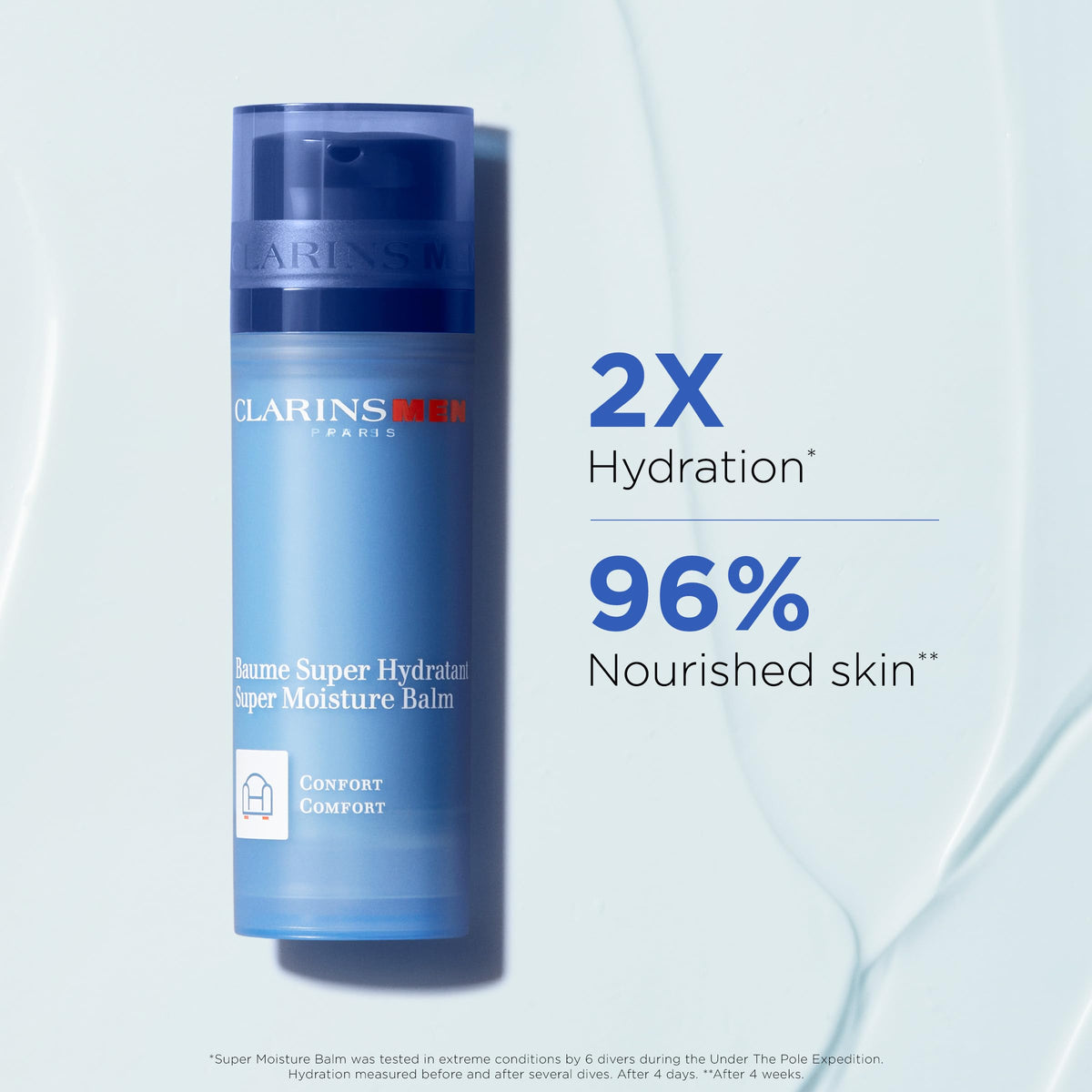 ClarinsMen Super Moisture Balm texture swatch demonstrates rich moisture for all-day comfort