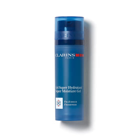 Clarins CLARINSMEN Super Moisture Gel bottle close-up showing cooling hydration for daily care