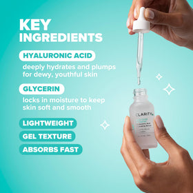 ClarityRx hydrating serum on a face close-up showing dewy, plump skin.