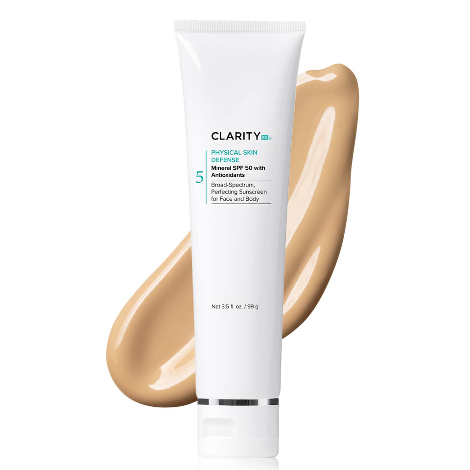 ClarityRx Physical Skin Defense bottle front view with tinted mineral sunscreen.