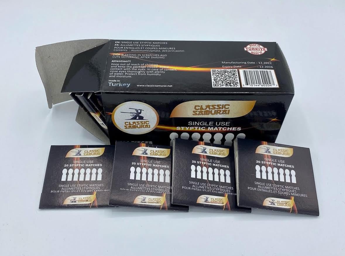 Classic Samurai styptic matches in a 20-pack format for quick shaving nick care.