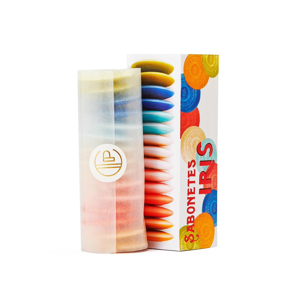 Claus Porto Iris box front view showing 15 soaps across seven fragrances.