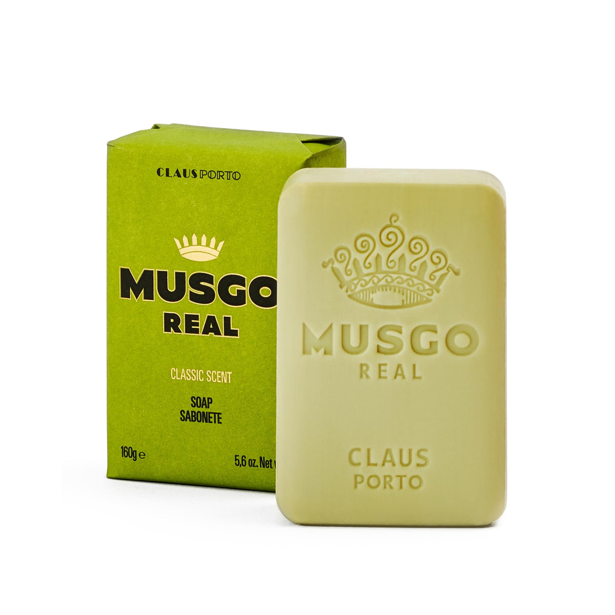 Claus Porto Musgo Real soap bar front view for daily cleansing.