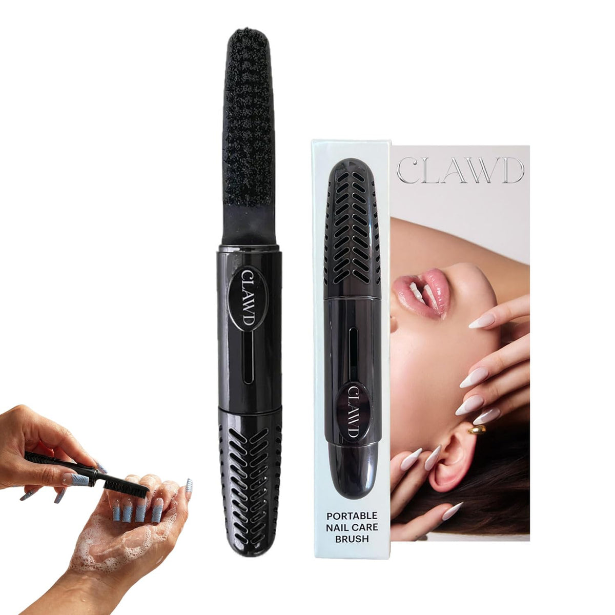CLAWD Nail Brush in portable keychain form for quick nail cleaning anywhere.