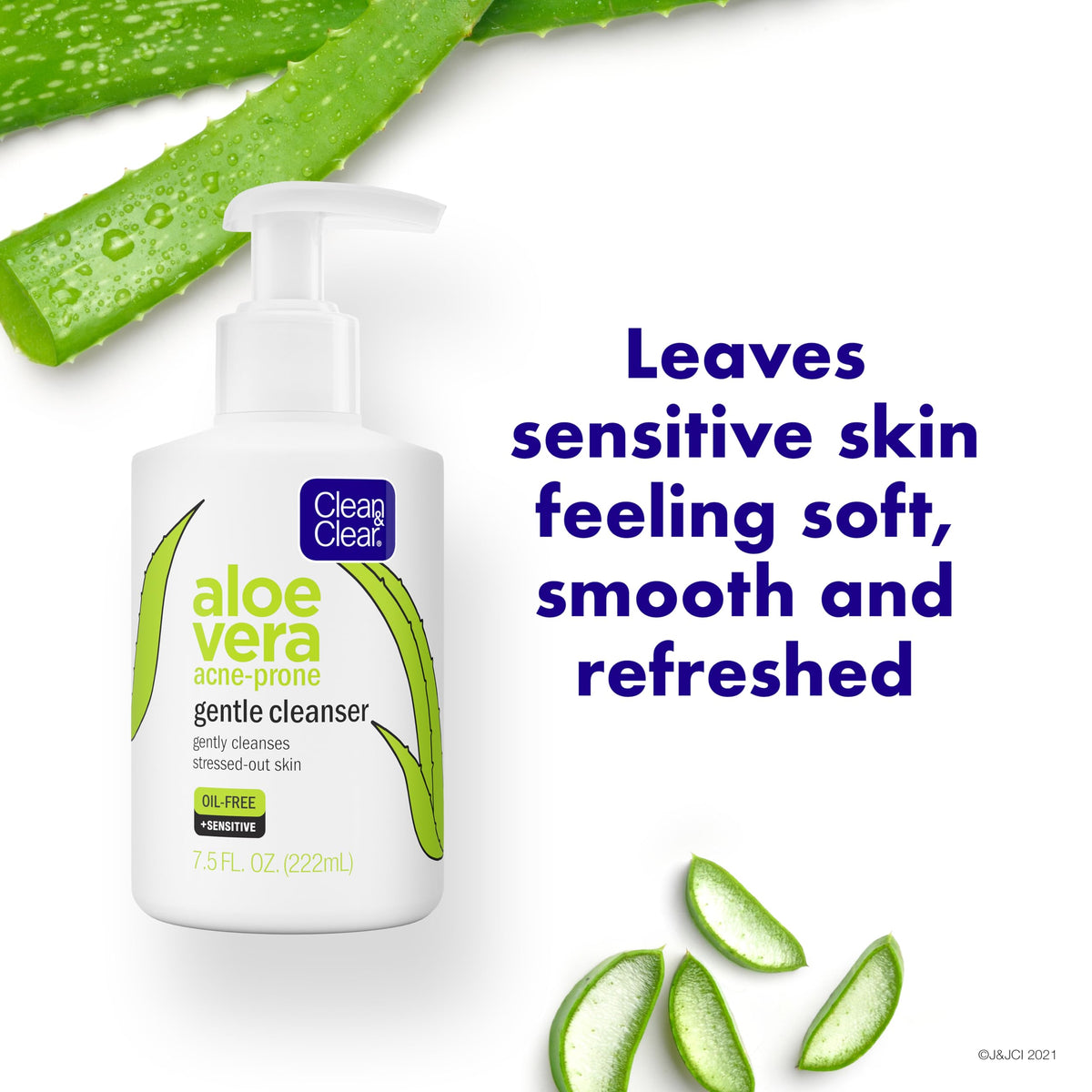Close-up of Clean & Clear Aloe Vera bottle beside aloe leaf, soothing scent.