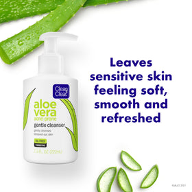 Close-up of Clean & Clear Aloe Vera bottle beside aloe leaf, soothing scent.
