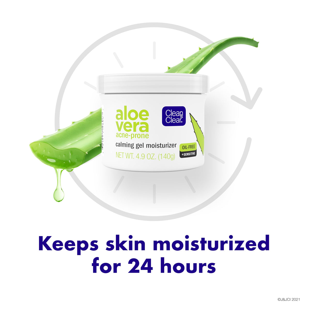 Display of Clean & Clear Aloe Vera Calming Gel with gentle aloe scent emphasis.