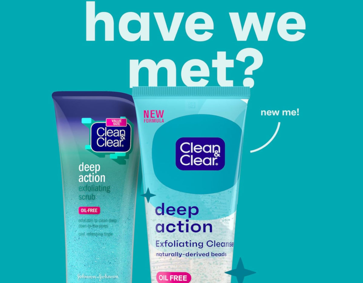 Clean & Clear cleanser text emphasizes Pro-Vitamin B5 for skin hydration support.