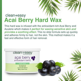 Clean + Easy Acai Berry Hard Wax during Brazilian waxing for effective hair removal.