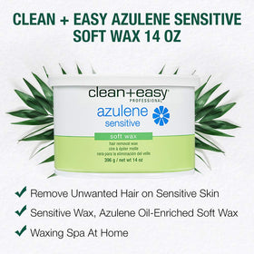 Clean + Easy Azulene soft wax label highlighting azulene and sensitive skin benefits.