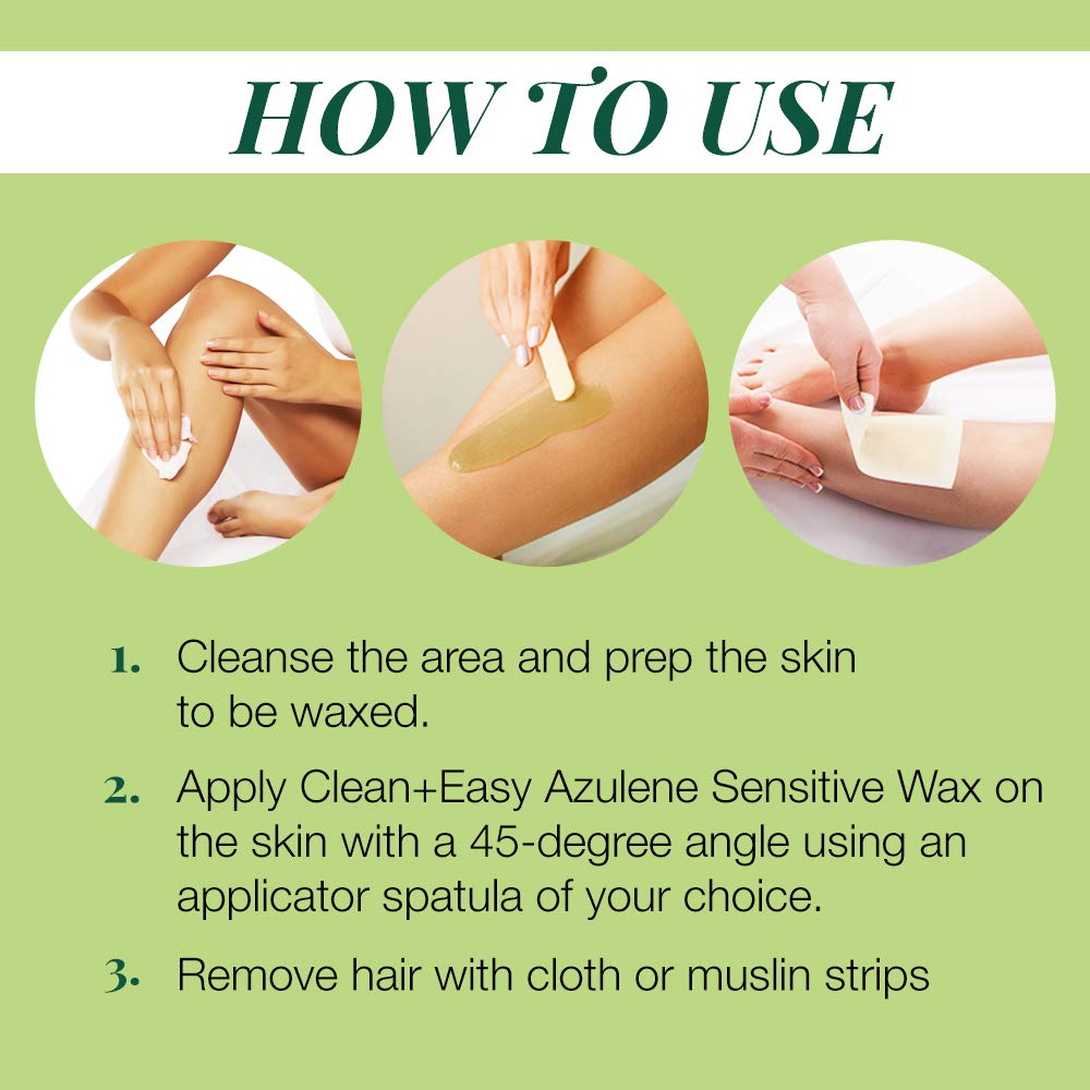 Clean + Easy Azulene soft wax used on bikini area for precise, gentle waxing.