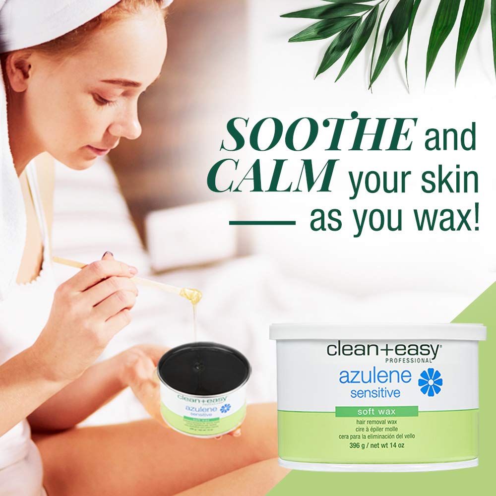 Clean + Easy Azulene soft wax applied on the face for gentle removal.