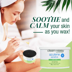 Clean + Easy Azulene soft wax applied on the face for gentle removal.