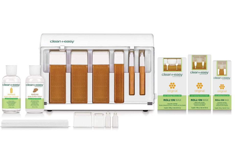 Clean + Easy 120V wax warmer shown for mess-free waxing at home.