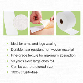 Clean + Easy wax remover cloth highlights tear resistance for multiple uses.