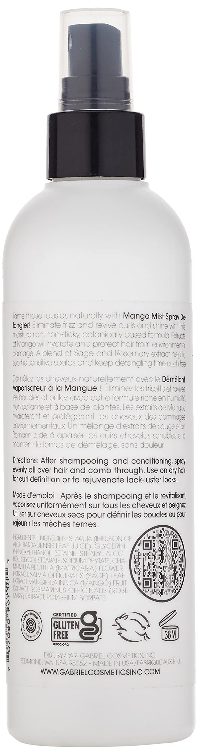 Close-up of Mango Mist spray for quick detangling after bath.