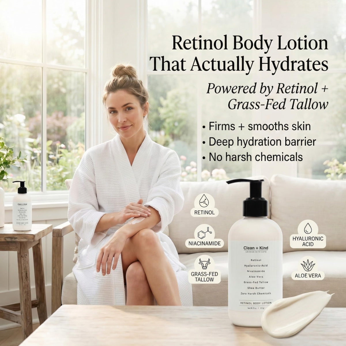 Clean + Kind targets crepey skin on arms with fast absorption.