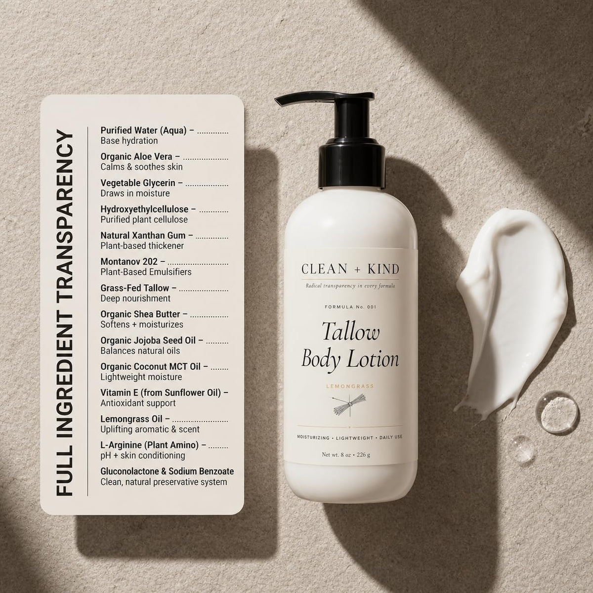 Hands applying Clean + Kind lotion on forearm shows smooth, hydrated skin.