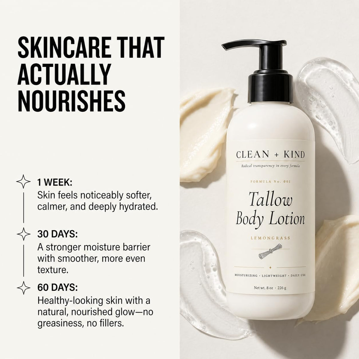 Lemongrass aroma enhances a refreshing daily routine with Clean + Kind lotion.
