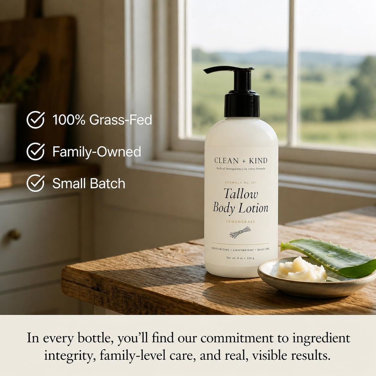 Clean + Kind lotion pump top offers convenient, mess-free application.