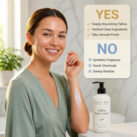 Clean + Kind lotion with shea butter and jojoba oil nourishes the skin.