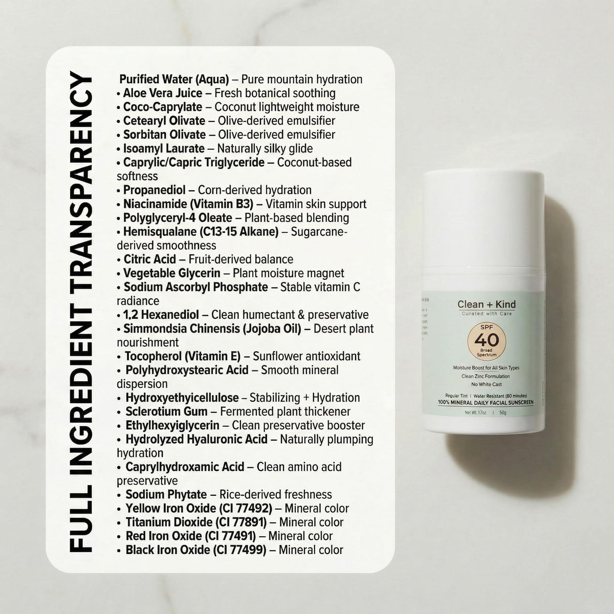 Clean + Kind reef-safe mineral sunscreen with SPF 40 protects skin while keeping balance.
