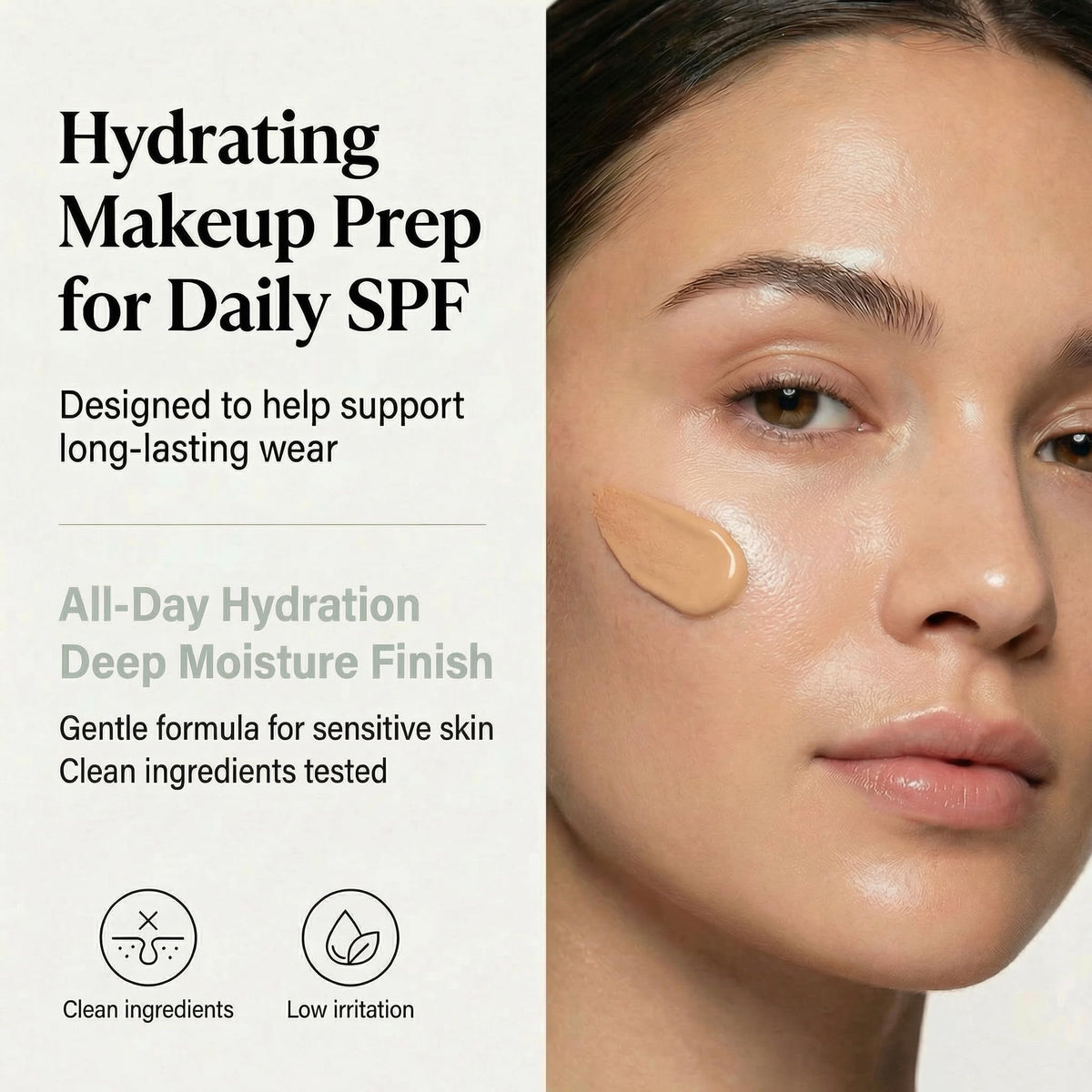 Clean + Kind sunscreen used under makeup for a smooth base and protection.