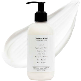 Clean + Kind firming retinol body lotion reduces wrinkles for smoother skin.