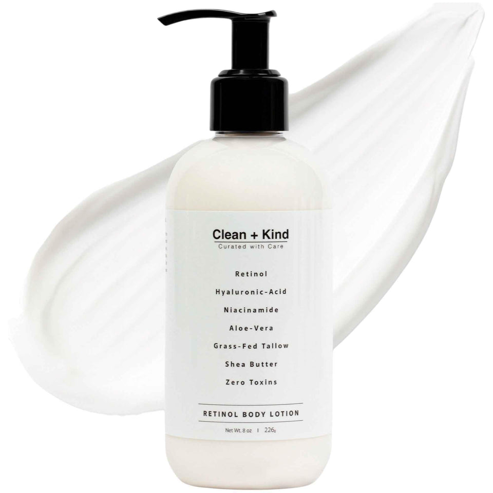 Clean + Kind firming retinol body lotion reduces wrinkles for smoother skin.