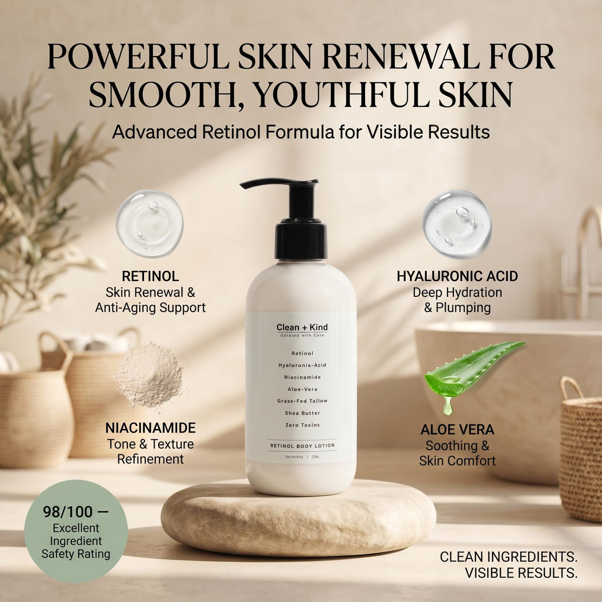 Clean + Kind hyaluronic acid formula delivers deep hydration daily.