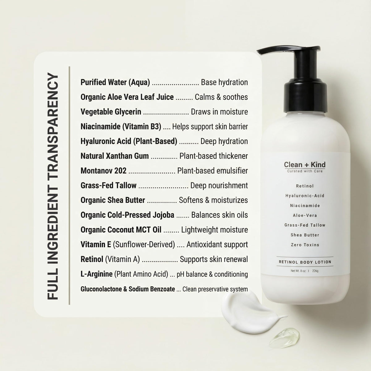 Clean + Kind easy to use lotion for daily body care.