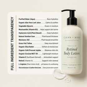 Bright packaging of Clean + Kind lotion supports a non-toxic skincare routine.