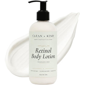Clean + Kind Retinol Body Lotion bottle with pump for easy, even application.