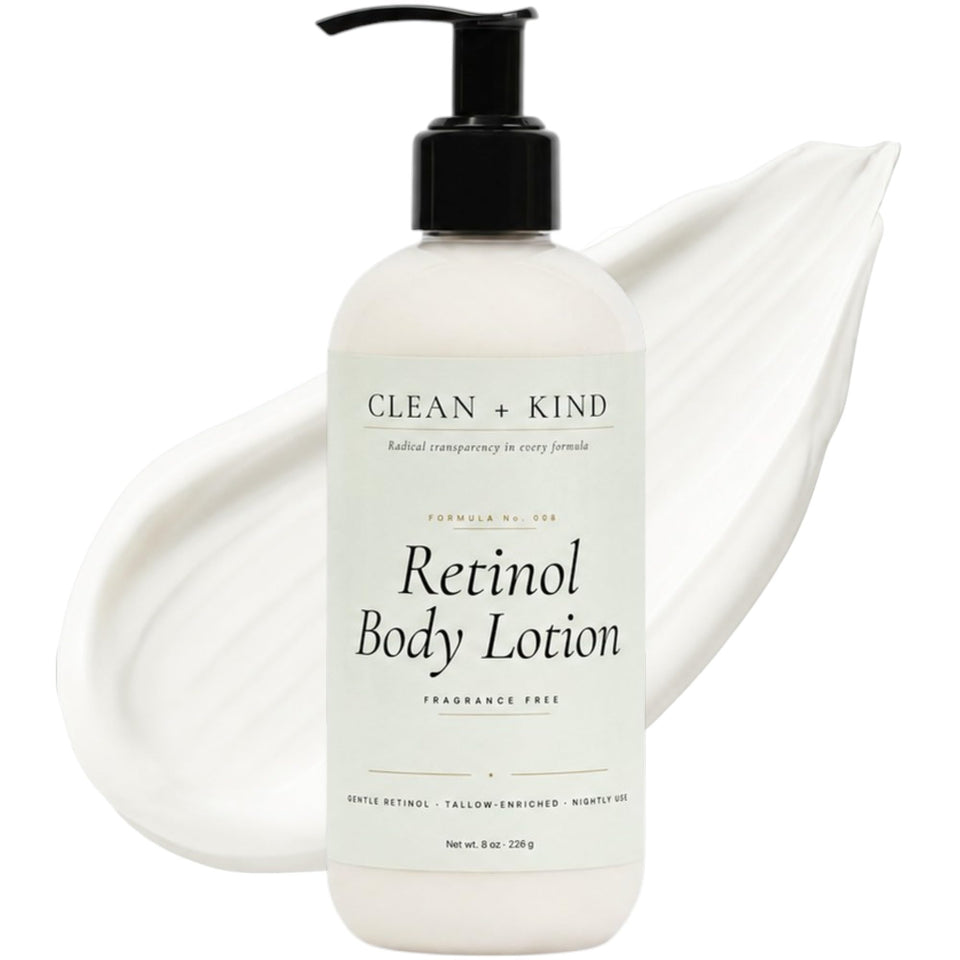 Clean + Kind Retinol Body Lotion bottle with pump for easy, even application.