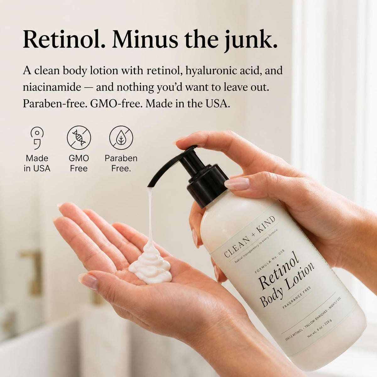 Apply Clean + Kind lotion on arms after shower for lasting moisture.