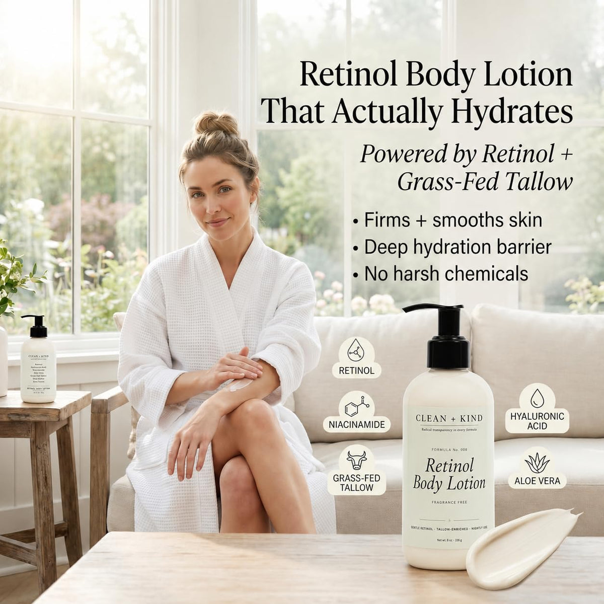 Organic aloe vera in Clean + Kind lotion soothes sensitive skin.