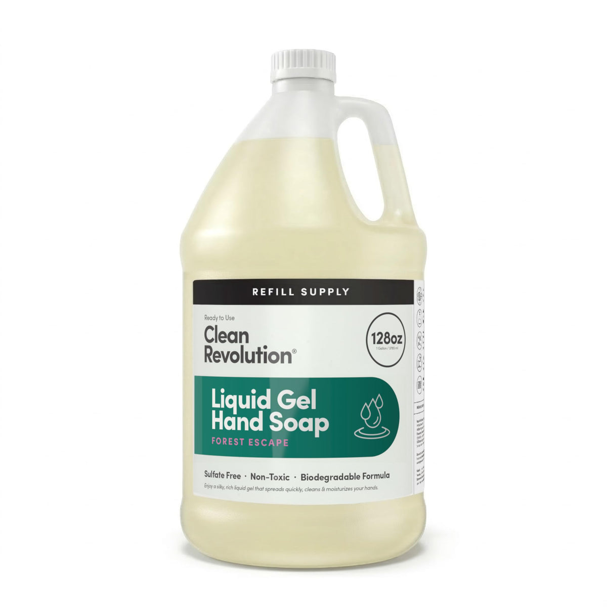 Clean Revolution Forest Escape hand soap bottle pours for quick, rich lather.