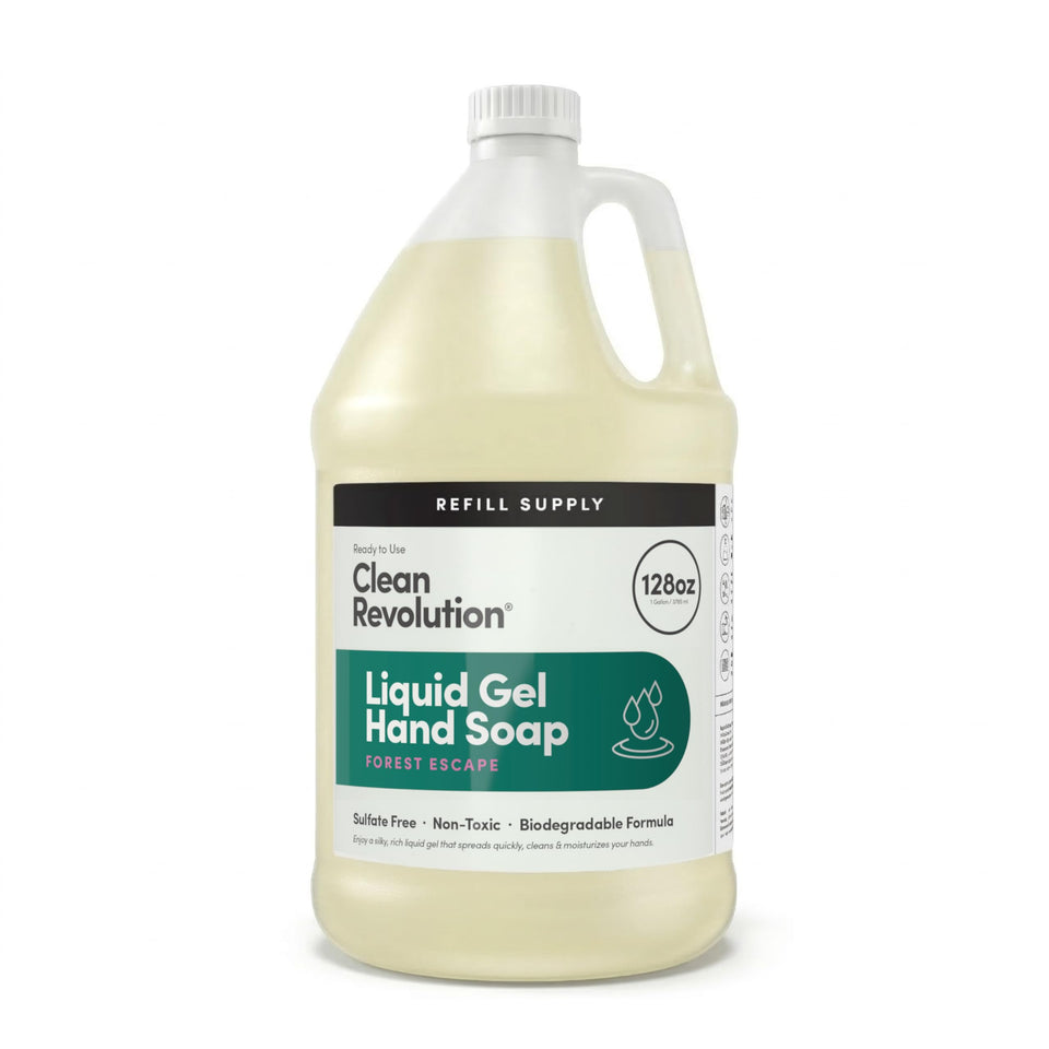 Clean Revolution Forest Escape hand soap bottle pours for quick, rich lather.